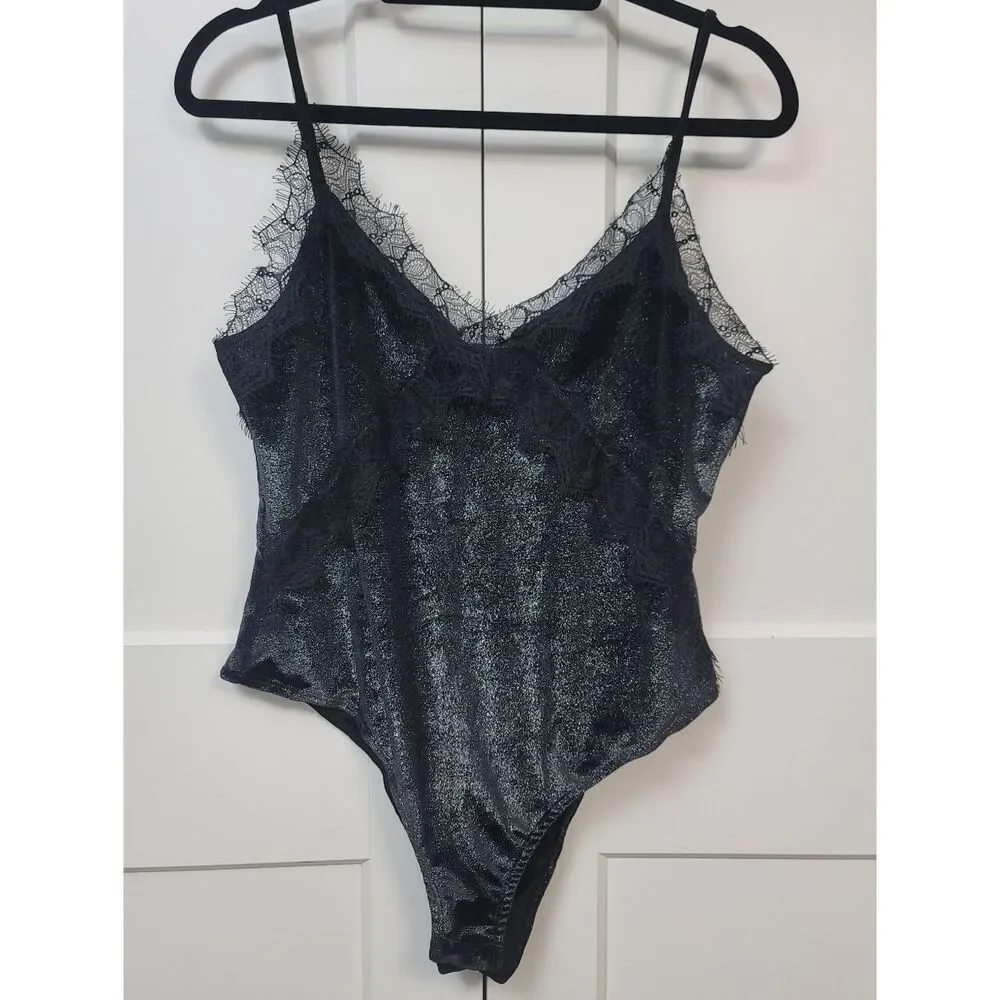 Topshop Black Shimmer Velvet & Lace Trim Bodysuit - Strappy V-Neck Size 12